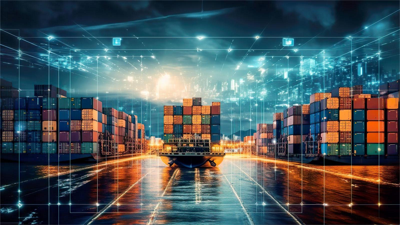 Shipping containers stacked at a bustling port with a large vessel in the background