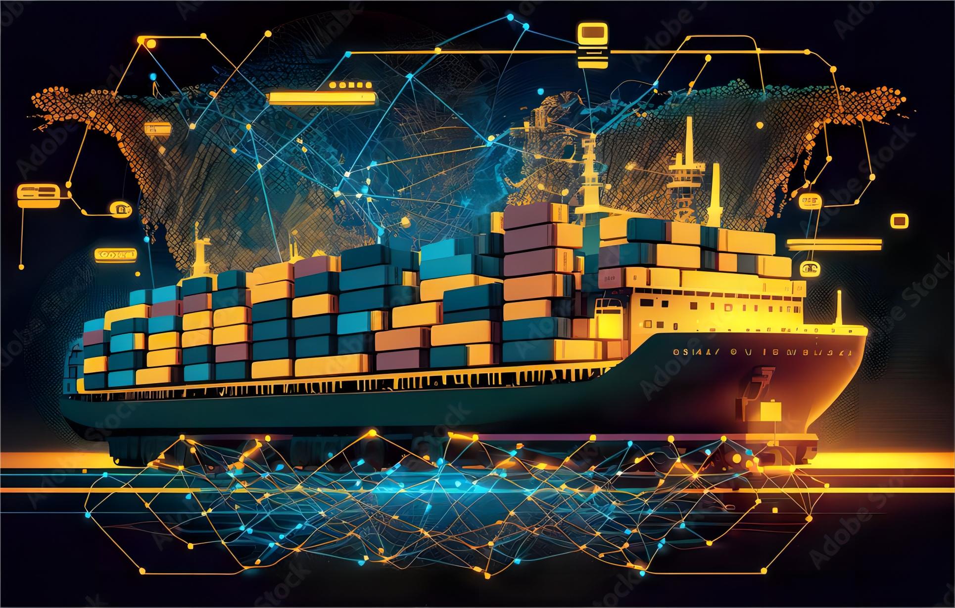 Cargo containers being loaded onto a large container ship at a port