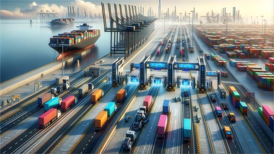 Customs officer inspecting electronics cargo documents at a US port.