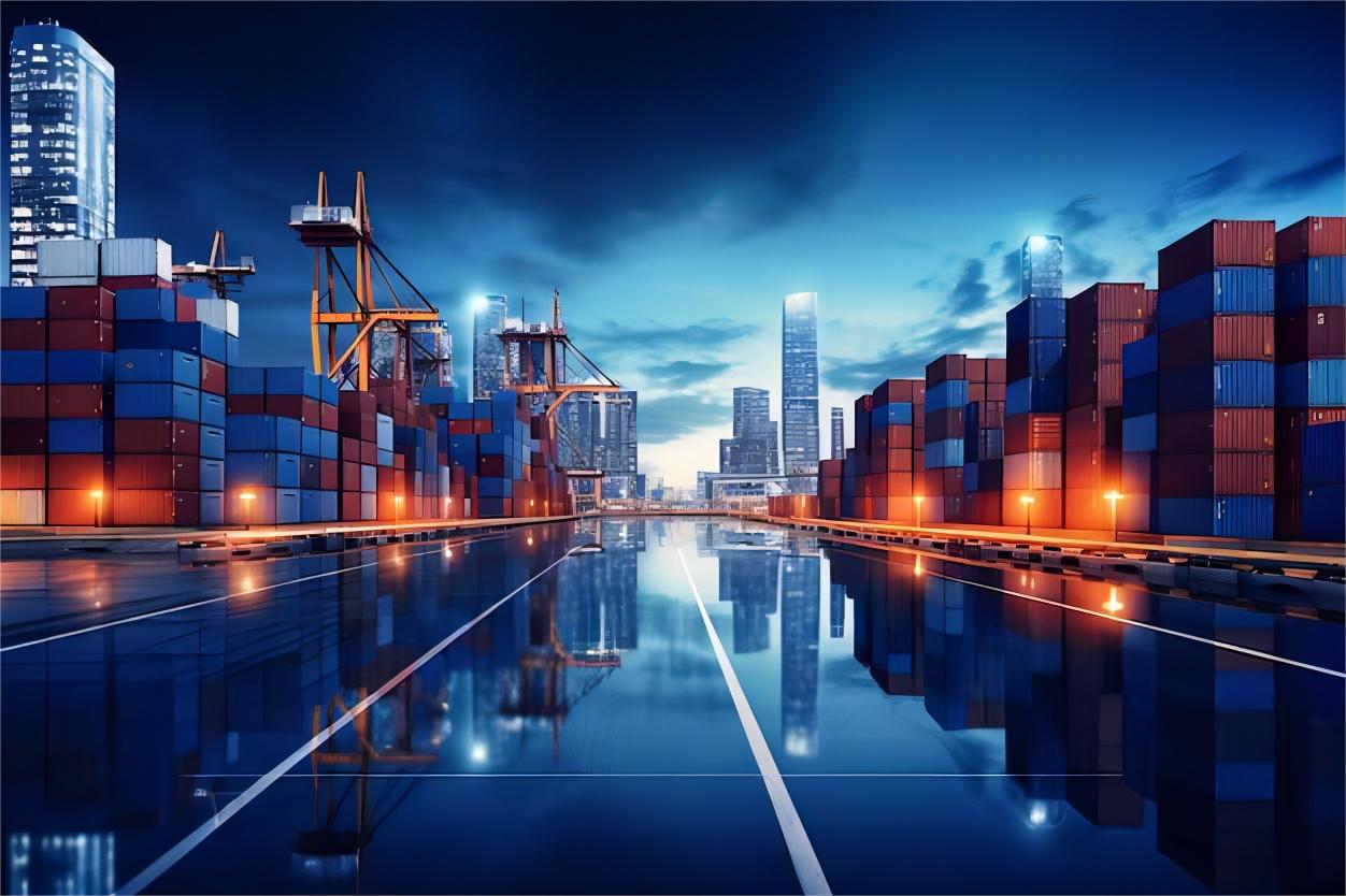 Cargo plane taking off and a container ship sailing, symbolizing air and ocean freight