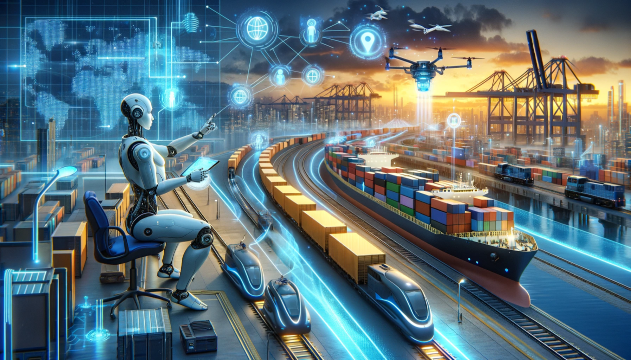 A modern shipping vessel carrying containers across the ocean