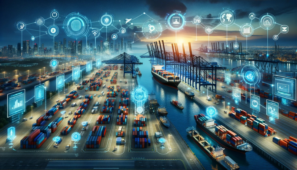 Container ships docked at a busy Long Beach port