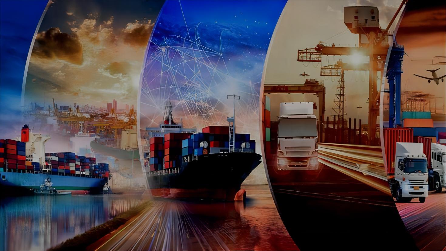 Cargo ship with containers sailing towards a sunset, symbolizing international shipping