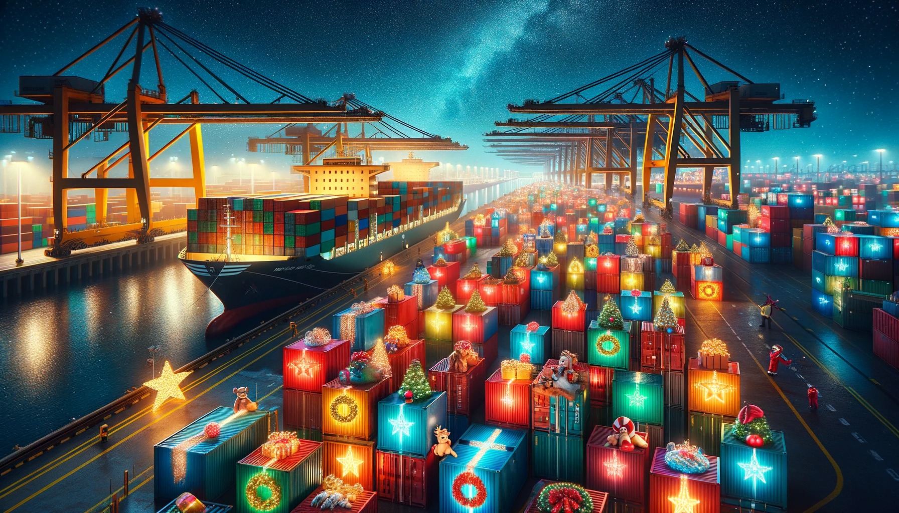 Cargo ship at port with containers and trucks