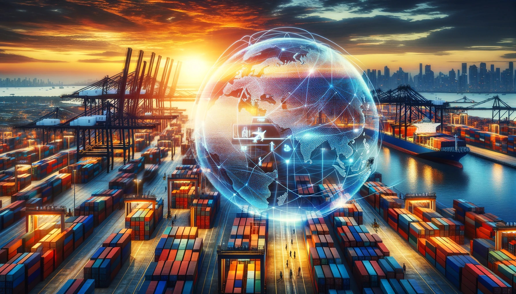 Shipping containers stacked at a bustling port with Malaysian flag in background